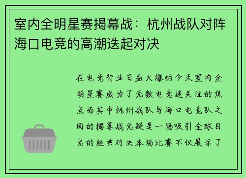 室内全明星赛揭幕战：杭州战队对阵海口电竞的高潮迭起对决